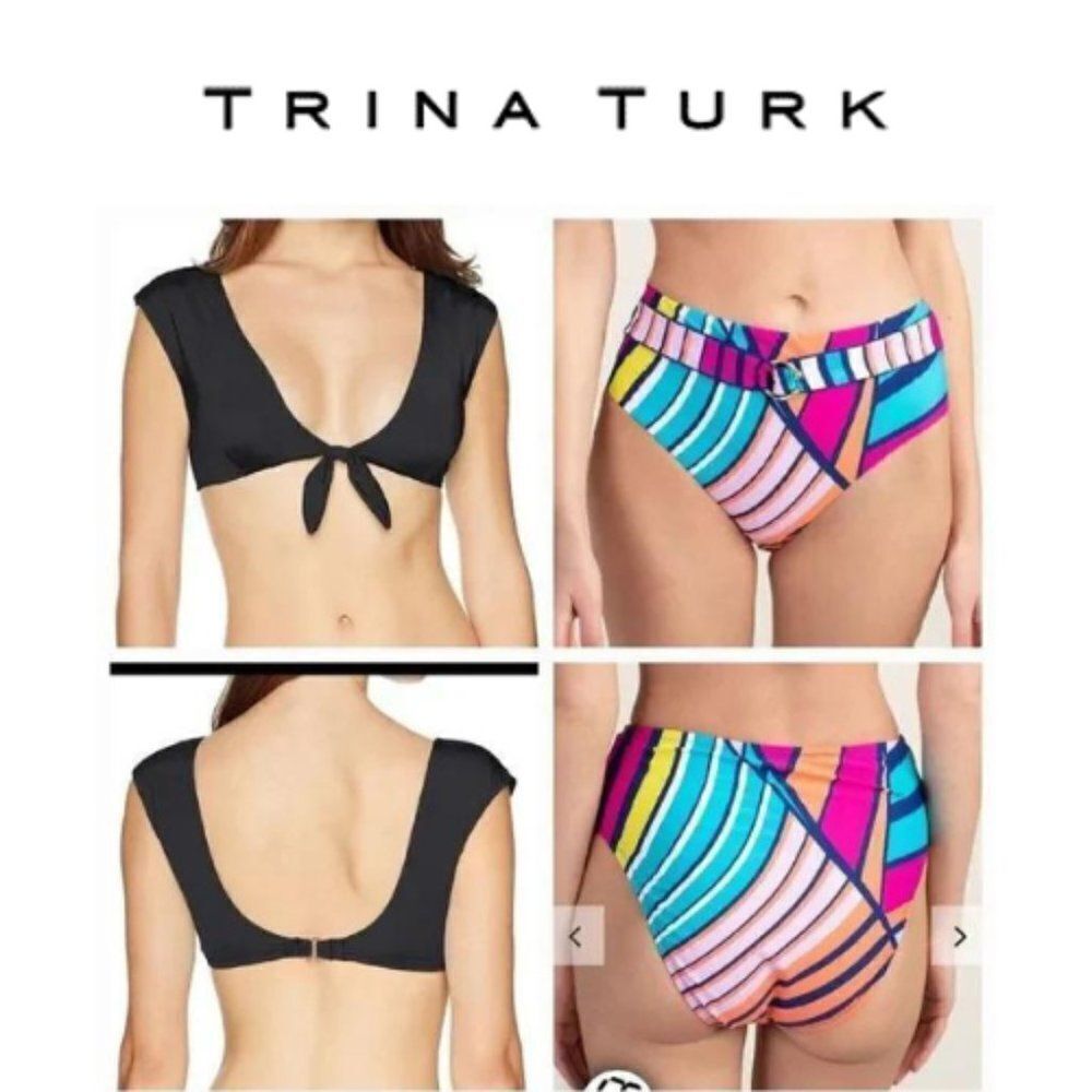 Trina Turk Women's Black Cap Sleeve Top pair w high waisted bikini Botto…